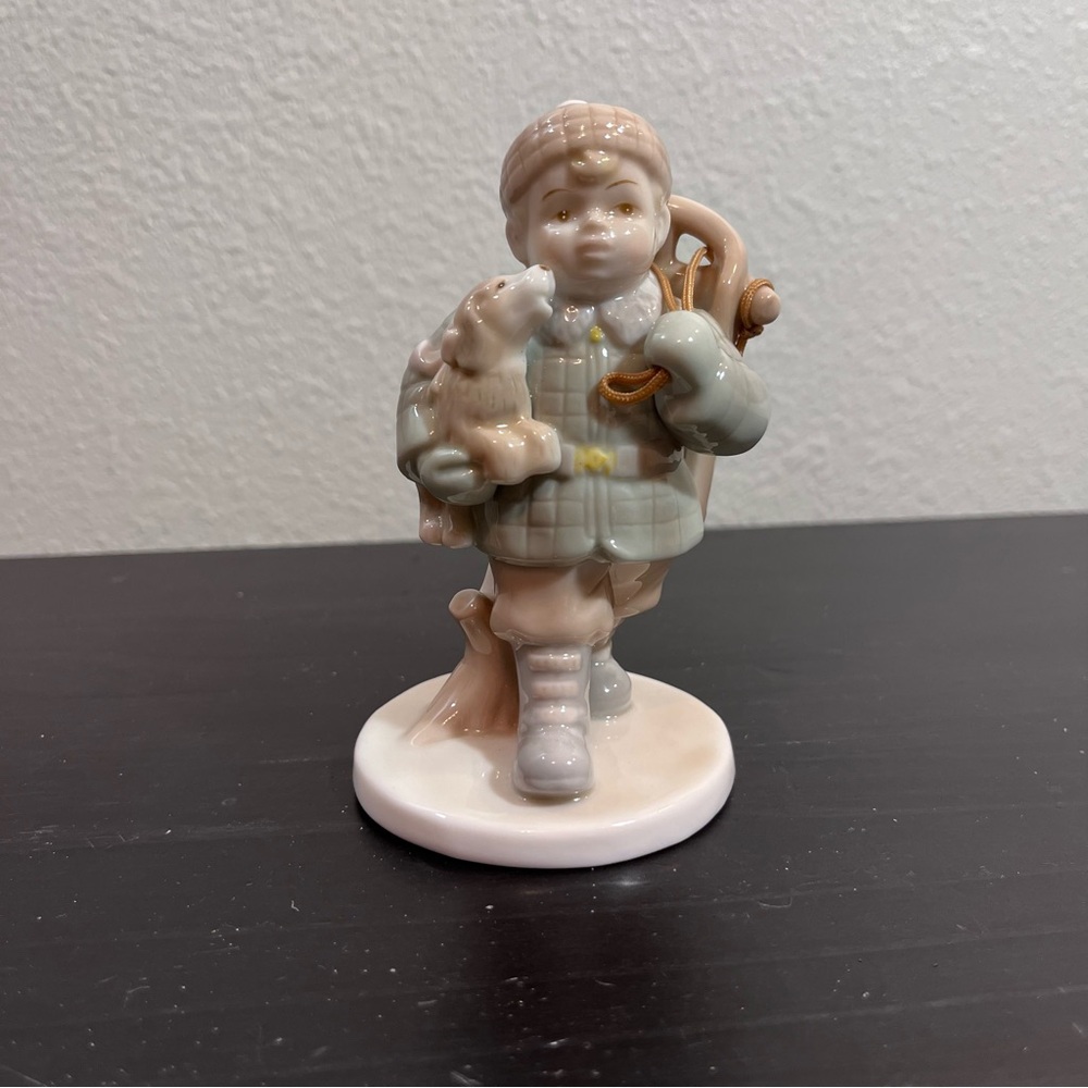 Russ Figurine Boy Dog Puppy Sled Porcelain #15471